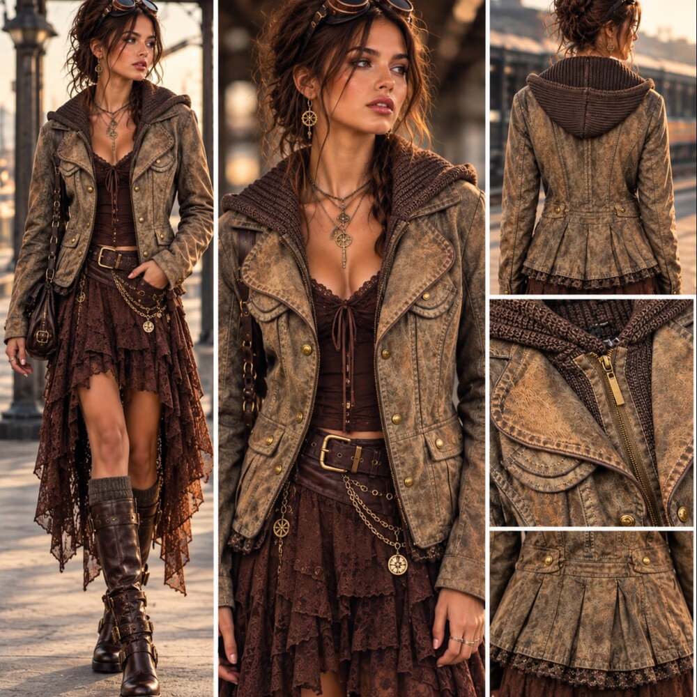 Womens Whimsigoth Vegan Leather Washed Brown Knit Moto Hooded Jacket Sz S